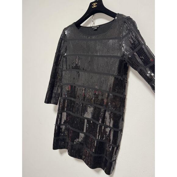 Theory Dress Womens Small Black Harmen Sequin Shift 3/4 Sleeve Mini Party - Picture 3 of 14